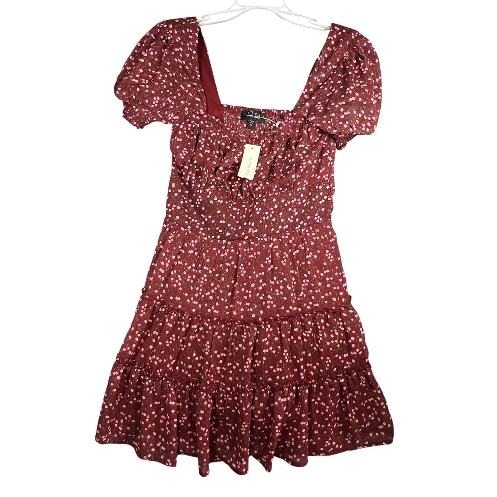 Trixxi Francesca's Burgundy Floral Smocked Tiered Puff Sleeve Dress Women's Size